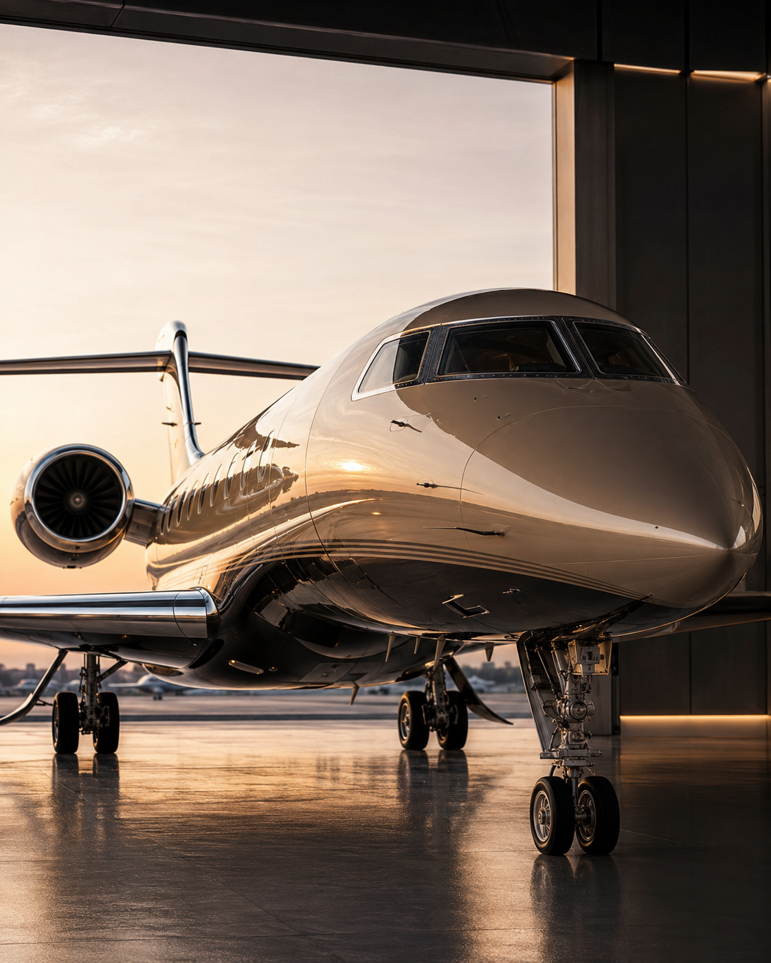 Private jet framed by a refined hangar at dawn